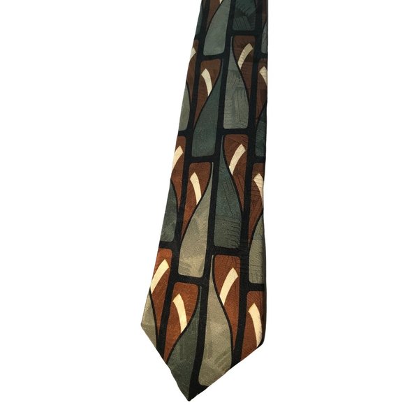 Cellini Linea Uomo Silk Neck Tie Green Brown Black Tan Abstract Art Deco Swing 5 - Picture 2 of 6